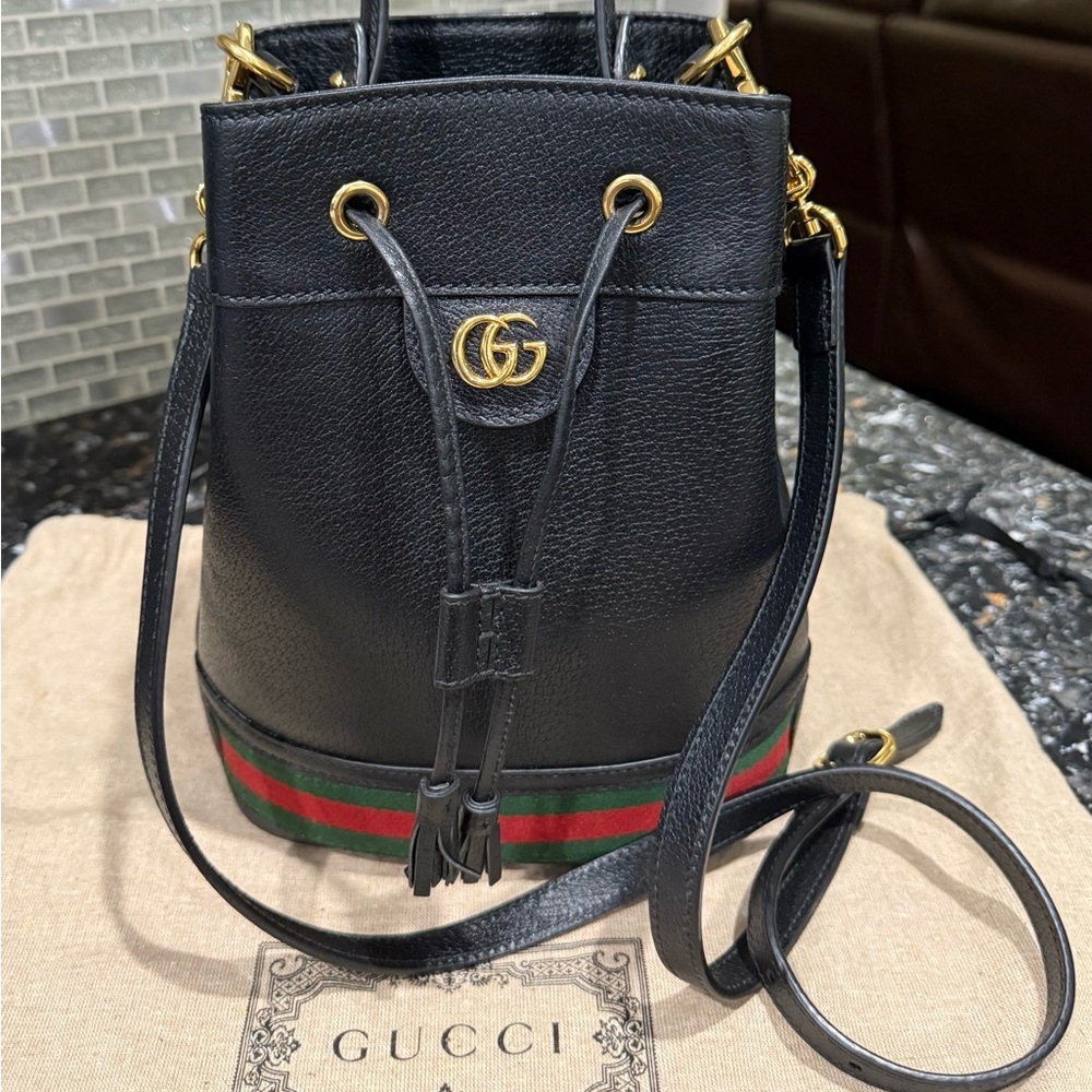 GUCCI Ophidia Bucket Bag Black with Gold Accents